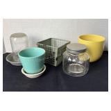 Chicken waterer, planters, wire basket, canister