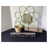 19' Flower mirror, coat rack, metal shelf & wall