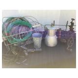 Wire baskets, light pig tails, coffee pot, iron