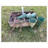 Large primitive metal basket, metal lawn vases,