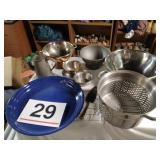 Stainless steel bowls, cake server, strainers,