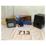 Radio, fruit decor, speaker.