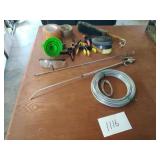Tape, funnels, clamps, wire, air chuck and misc
