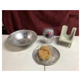 Cookie jar, bread slicer, bear plates, metal