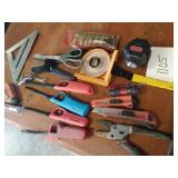 Cleaver, box knives, lighters, plumb bob, and