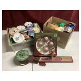 Assortment of ribbons-small box of ornaments.