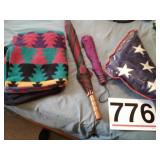 American flag, beach towel and umbrellas