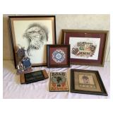 Clock, eagle picture, and assortment of other