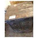 Metal storage cabinet on wheels with wooden top -