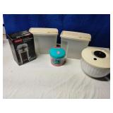 Salad spinner, French press, plastic containers,