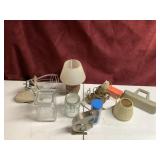 Glass jars, lamps, clock, hole puncher.
