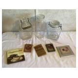 Decorative signs, glass jars, account book