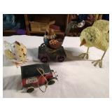 Metal chickens, rooster and truck