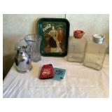Coca Cola tray, milk/juice jugs, Cousyï¿½s, vase.