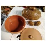 Baked potato dish and salt/pepper and Terra cotta