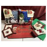 Christmas home decor, kitchen mits and hand