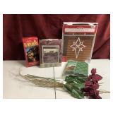 Christmas lights, table cloth, dining set and