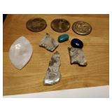 Agate pendants, stones and coins
