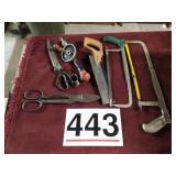 Hack saws, saw, lg scissors, snips and hook