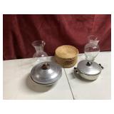 Glass dish warmer with pans, vase, plate holders