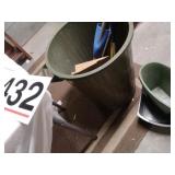 Plastic trash cans 1 lg and 2 sm, brooms, dust