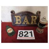 Stein, wooden bar sign and Dos Equis clock