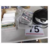 CD player, cassette tapes and vintage postcards