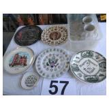 Commemorative plates, metal tray and glasses