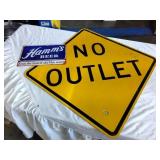 No (outlet and Hamms beer metal signs