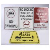 4 Metal Signs: No Smoking, No Swimming, Pass