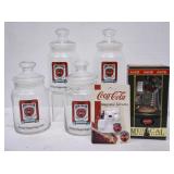 4 Coca-Cola Glass Canisters. Music Box & Magnet