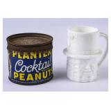 Planters Mr. Peanut: Milk Glass Cup + Vintage Can