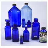 Lot of Various Size Blue Glass Medicine Bottles