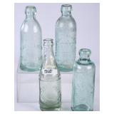 4 Embossed Green Glass Bottles, 3 Hutchinson
