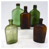 5 Vintage Glass Whiskey Flasks