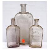 3 Embossed Clear Glass Alcohol Flasks/Bottles