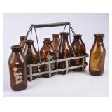 Metal Milk Crate w/8 Brown Milk Bottles