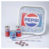 Pepsi Metal Tray, Cans, Straws & Bottle Caps