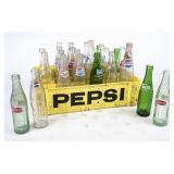 Yellow Plastic Pepsi Crate w/Various Bottles