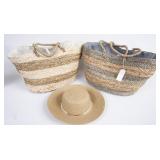 2 Mud Pie Large Natural Fiber Tote Bags & Sun Hat