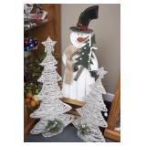 Sparkly Lighted Christmas Trees and Snowman