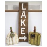 Wooden LAKE Sign & 2 Decorative Pumpkins