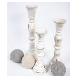 3 Distressed Wooden Candle Holders & Yarn Balls