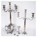 Silverplate Candelabras, Tea Pot & Bud Vases