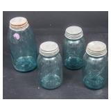 3 Ball #13 Blue Glass Quart Mason Jars with Lids