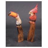 2 Hand Carved & Painted Balsa Wood Exotic Birds