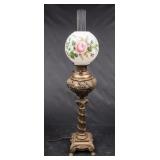 Pretty Gold Metal Lamp with Rose Painted Globe