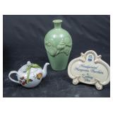 Seashell Embossed Green Vase & Ceramic Teapot Lot