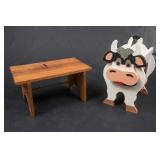 Wood Foot Stool & Hand Painted Cow Planter