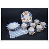 Lot of White and Blue Dishes with Fruit Motif